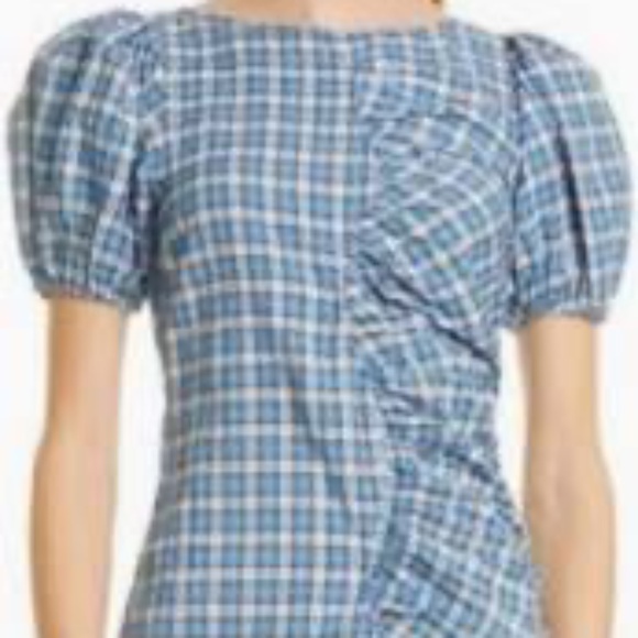 Ganni Check Ruched Seersucker Minidress in Check Azure Blue, - Picture 2 of 11